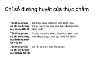 Chỉ số đường huyết của thực phẩm
Tên thực phẩm
có chỉ số đường
huyết cao GI >70
Bánh mì trắng bánh mì toàn phần, gạo
trắng, miếng bột sắn, dưa hấu, đường kính ,
khoa bỏ lò
Tên thực phẩm
có chỉ số đường
huyết trung bình
GI > 56-69
Chuối, táo, cam, soài , sữa chua, kem, bánh
quy, khoai lang, khoai sọ, khoai mì, củ từ.
Tên thực phẩm
có chỉ số đường
huyết thấp GI <50
Cà rốt, đậu lạc, đậu tương, lạc
 