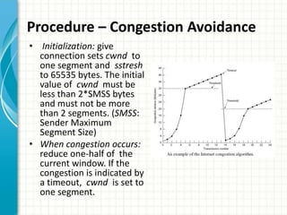 Procedure – Congestion Avoidance
• Initialization: give
connection sets cwnd to
one segment and sstresh
to 65535 bytes. The initial
value of cwnd must be
less than 2*SMSS bytes
and must not be more
than 2 segments. (SMSS:
Sender Maximum
Segment Size)
• When congestion occurs:
reduce one-half of the
current window. If the
congestion is indicated by
a timeout, cwnd is set to
one segment.
 