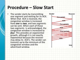 Procedure – Slow Start
• The sender starts by transmitting
one segment and waiting for its ACK.
When that ACK is received, the
congestion window is increased
from one to two, and two segments
can be sent. When each of those
two segments is acknowledged, the
congestion window is increased to
four. This provides an exponential
growth, although it is not exactly
exponential because the receiver
may delay its ACK’s. The sender can
transmit up to the minimum of the
congestion window and the
advertised window.
 