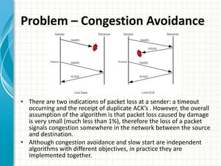 Problem – Congestion Avoidance
• There are two indications of packet loss at a sender: a timeout
occurring and the receipt of duplicate ACK’s . However, the overall
assumption of the algorithm is that packet loss caused by damage
is very small (much less than 1%), therefore the loss of a packet
signals congestion somewhere in the network between the source
and destination.
• Although congestion avoidance and slow start are independent
algorithms with different objectives, in practice they are
implemented together.
 