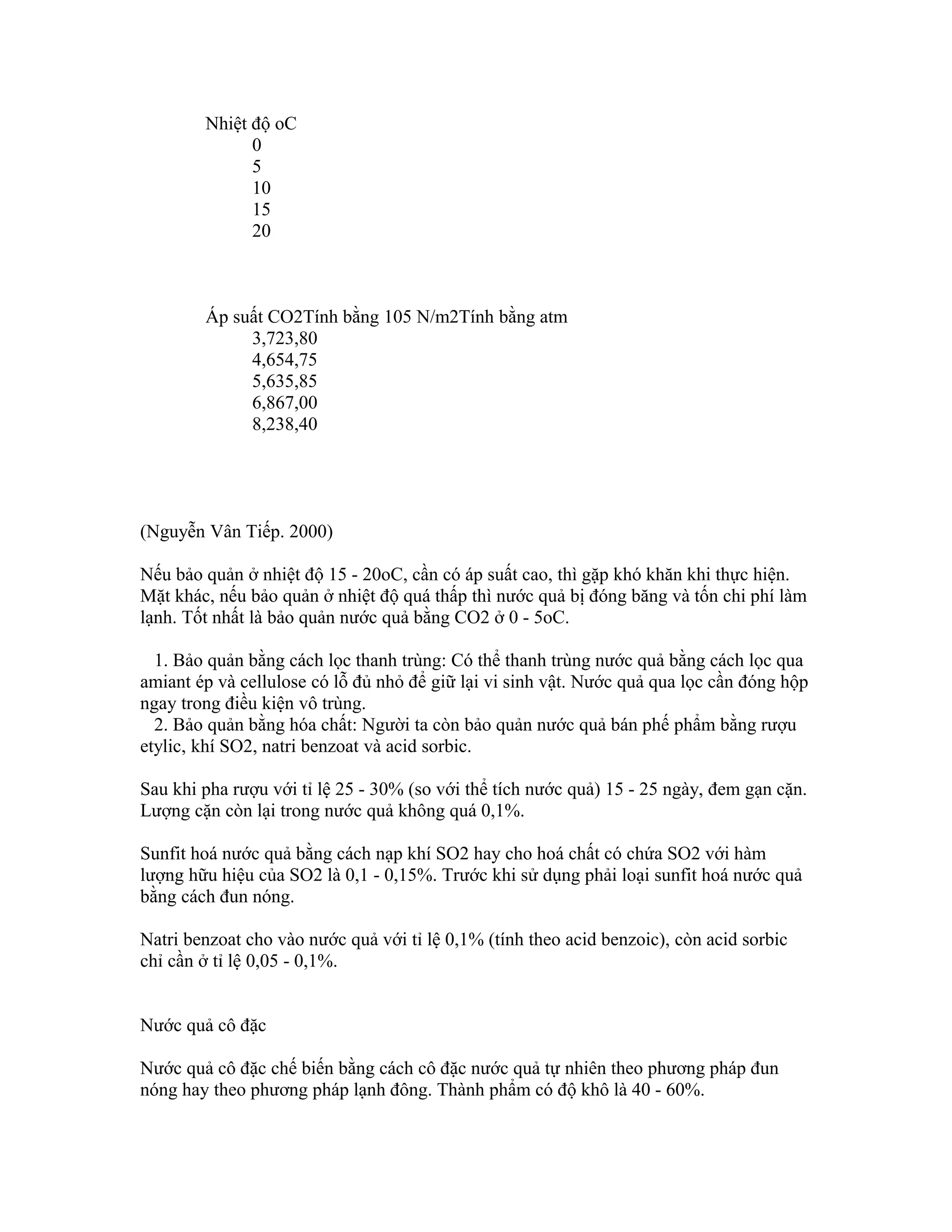 Nhiệt độ oC
              0
              5
              10
              15
              20



        Áp suất CO2Tính bằng 105 N/m2Tính bằng atm
             3,723,80
             4,654,75
             5,635,85
             6,867,00
             8,238,40




(Nguyễn Vân Tiếp. 2000)

Nếu bảo quản ở nhiệt độ 15 - 20oC, cần có áp suất cao, thì gặp khó khăn khi thực hiện.
Mặt khác, nếu bảo quản ở nhiệt độ quá thấp thì nước quả bị đóng băng và tốn chi phí làm
lạnh. Tốt nhất là bảo quản nước quả bằng CO2 ở 0 - 5oC.

  1. Bảo quản bằng cách lọc thanh trùng: Có thể thanh trùng nước quả bằng cách lọc qua
amiant ép và cellulose có lỗ đủ nhỏ để giữ lại vi sinh vật. Nước quả qua lọc cần đóng hộp
ngay trong điều kiện vô trùng.
  2. Bảo quản bằng hóa chất: Người ta còn bảo quản nước quả bán phế phẩm bằng rượu
etylic, khí SO2, natri benzoat và acid sorbic.

Sau khi pha rượu với tỉ lệ 25 - 30% (so với thể tích nước quả) 15 - 25 ngày, đem gạn cặn.
Lượng cặn còn lại trong nước quả không quá 0,1%.

Sunfit hoá nước quả bằng cách nạp khí SO2 hay cho hoá chất có chứa SO2 với hàm
lượng hữu hiệu của SO2 là 0,1 - 0,15%. Trước khi sử dụng phải loại sunfit hoá nước quả
bằng cách đun nóng.

Natri benzoat cho vào nước quả với tỉ lệ 0,1% (tính theo acid benzoic), còn acid sorbic
chỉ cần ở tỉ lệ 0,05 - 0,1%.


Nước quả cô đặc

Nước quả cô đặc chế biến bằng cách cô đặc nước quả tự nhiên theo phương pháp đun
nóng hay theo phương pháp lạnh đông. Thành phẩm có độ khô là 40 - 60%.
 