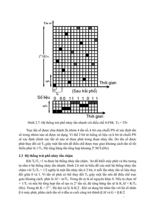 19
Hình 2.7: Hệ thống trải phổ nhảy tần nhanh với điều chế 4-FSK. Ts = 3Tb
Trục tần số được chia thành 2k nhóm 4 tần số, k bit của chuỗi PN sẽ xác định tần
số trong nhóm nào sẽ được sử dụng. Vì thế 2 bit từ luồng số liệu và k bit từ chuỗi PN
sẽ xác định chính xác tần số nào sẽ được phát trong đoạn nhảy tần. Do tần số được
phát thay đổi cứ Th giây một lần nên để điều chế được trực giao khoảng cách tần số tối
thiểu phải là 1/Th. Độ rộng băng tần tổng hợp khoảng 2k
.M/Th(Hz).
2.3 Hệ thống trải phổ nhảy tần chậm
Khi Tb/Th <1 ta được hệ thống nhảy tần chậm . Sơ đồ khối máy phát và thu tương
tự như ở hệ thống nhảy tần nhanh. Hình 2.6 mô tả biểu đồ của một hệ thống nhảy tần
chậm với Tb/Th = 1/2 nghĩa là một lần nhảy tần ở 2 bit, ở mỗi lần nhảy tần số liệu thay
đổi giữa 0 và 1. Vì tần số phát có thể thay đổi Th giây một lần nên để điều chế trực
giao khoảng cách phải là ∆f = m/Tb. Trong đó m là số nguyên khác 0. Nếu ta chọn ∆f
= 1/Tb và nếu bộ tổng hợp tần số tạo ra 2k
tần số, độ rộng băng tần sẽ là K.∆f = K/Tb
(Hz). Trong đó K = 2k+1
. Độ đợi xử lý là K/2 . Khi sử dụng bộ nhân tần với hệ số nhân
β ở máy phát, phân cách tần số ở đầu ra cuối cùng trở thành β.∆f và G = β.K/2
 