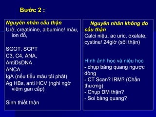Bước 2 :
Nguyên nhân cầu thận
Urê, creatinine, albumine/ máu,
ion đồ,
SGOT, SGPT
C3, C4, ANA,
AntiDsDNA
ANCA
IgA (nếu tiểu máu tái phát)
Ag HBs, anti HCV (nghi ngờ
viêm gan cấp)
Sinh thiết thận
Nguyên nhân không do
cầu thận
Calci niệu, ac uric, oxalate,
cystine/ 24giờ (sõi thận)
Hình ảnh học và niệu học
- chụp bàng quang ngược
dòng
- CT Scan? IRM? (Chấn
thương)
- Chụp ĐM thận?
- Soi bàng quang?
 