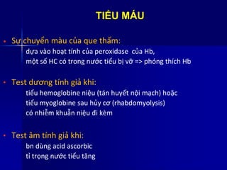 TIỂU MÁU
• Sự chuyển màu của que thấm:
dựa vào hoạt tính của peroxidase của Hb,
một số HC có trong nước tiểu bị vỡ => phóng thích Hb
• Test dương tính giả khi:
tiểu hemoglobine niệu (tán huyết nội mạch) hoặc
tiểu myoglobine sau hủy cơ (rhabdomyolysis)
có nhiễm khuẫn niệu đi kèm
• Test âm tính giả khi:
bn dùng acid ascorbic
tỉ trọng nước tiểu tăng
 