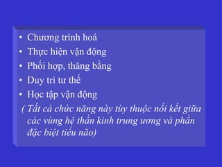• Chương trình hoá
• Thực hiện vận động
• Phối hợp, thăng bằng
• Duy trì tư thế
• Học tập vận động
( Tất cả chức năng này tùy thuộc nối kết giữa
các vùng hệ thần kinh trung ương và phần
đặc biệt tiểu não)
 