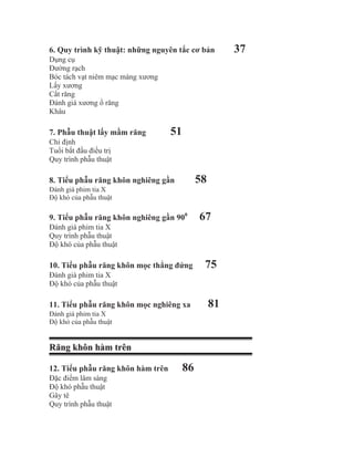 6. Quy trình kỹ thuật: những nguyên tắc cơ bản         37
Dụng cụ
Đường rạch
Bóc tách vạt niêm mạc màng xương
Lấy xương
Cắt răng
Đánh giá xương ổ răng
Khâu

7. Phẫu thuật lấy mầm răng         51
Chỉ định
Tuổi bắt đầu điều trị
Quy trình phẫu thuật

8. Tiểu phẫu răng khôn nghiêng gần           58
Đánh giá phim tia X
Độ khó của phẫu thuật

9. Tiểu phẫu răng khôn nghiêng gần 900       67
Đánh giá phim tia X
Quy trình phẫu thuật
Độ khó của phẫu thuật

10. Tiểu phẫu răng khôn mọc thẳng đứng        75
Đánh giá phim tia X
Độ khó của phẫu thuật

11. Tiểu phẫu răng khôn mọc nghiêng xa            81
Đánh giá phim tia X
Độ khó của phẫu thuật


Răng khôn hàm trên

12. Tiểu phẫu răng khôn hàm trên        86
Đặc điểm lâm sàng
Độ khó phẫu thuật
Gây tê
Quy trình phẫu thuật
 