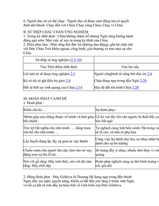 6. Người đọc nó có thể chạy : Người đọc sẽ được cảm động mà có quyết
định dứt khoát: Chạy đến với Chúa, Chạy cùng Chúa, Chạy vì Chúa.
II. SỨ ĐIỆP CHẮC CHẮN ỨNG NGHIỆM
1. Trong kỳ nhất định : Chúa không chậm trễ nhưng Ngài cũng không hành
động quá sớm. Mọi việc sẽ xảy ra trong kỳ định của Chúa.
2. Điều phải làm : Phải sống bởi đức tin (không dao động), gắn bó chặt chẽ
với Đức Chúa Trời khôn ngoan, công bình, yêu thương và trao mọi sự cho
Chúa.
Sứ điệp sẽ ứng nghiệm (2:2-10)
Vào Thời điểm nhất định Vào lúc nầy
Lời tiên tri sẽ được ứng nghiệm 2:3
Kẻ có tội sẽ gặt điều họ gieo 2:8
Đất sẽ biết sự vinh quang của Chúa 2:14
Người côngbình sẽ sống bởi đức tin 2:4
Chúa đang ngự trong đền Ngài 2:20
Hãy để đất tôn kính Chúa 2:20
III. ĐOÁN PHẠT CANH ĐÊ
1. Đoán phạt :
Khốn cho kẻ. . . Sự đoán phạt :
Nhóm góp của chẳng thuộc về mình và làm giàu
bất chánh
Có kẻ vụt dấy lên cắn ngươi, bị đuổi bắt, cư
bóc bất ngờ
Tìm lợi bất nghĩa cho nhà mình . . . dùng mưu
xấu hổ cho nhà mình. . .
Tự nghịch cùng linh hồn mình: Đá trong vác
sẽ tố cáo, xà nhà sẽ phụ họa
Lấy huyết dựng ấp, lấy sự gian ác xây thành
Công việc họ dành cho lửa, sự nhọc nhằn họ
dành cho sự hư không
Chuốc rượu cho người lân cận, làm cho nó say,
đặng xem sự lõa lồ nó. . .
Sẽ mang đầy sỉ nhục, nhuốc nhơ thay vì vin
quang
Nói với gỗ rằng: Hãy tỉnh thức, nói với đá câm
rằng: Hãy chổi dậy
Đoán phạt nghịch cùng sự thờ hình tượng vô
ích, giả dối
2. Đấng đoán phạt : Đức Giêhôva là Thượng Đế đang ngự trong đền thánh
Ngài, đầy oai nghi, quyền năng, khiến cả đất đều yên lặng ở trước mặt Ngài,
và rồi cả đất sẽ tràn đầy sự hiểu biết về vinh hiển của Đức Giêhôva.
 