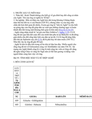 I. TRƯỚC GIẢ VÀ NIÊN ĐẠI
1. Thân thế : Kinh Thánh không cho biết gì về gia đình hay đời sống cá nhân
của Aghê. Tên của ông có nghĩa là “lễ hội”.
2. Sự nghiệp : Bốn sứ điệp của Aghê kéo dài trong khoảng 4 tháng thuộc
năm thứ hai đời trị vì của Đariút (520 TC), nhưng chức vụ của ông chắc
chắn dài hơn thời gian đó nhiều. Exơra gọi ông là “tiên tri Aghê”và cho biết
sự giảng dạy của ông đã giúp dân sự vượt qua những chướng ngại và hoàn
thành đền thờ trong một khoảng thời gian là bốn năm (Exo Er 6:14-15).
. Aghê cũng nhận mình là “sứ giả của Đức Giêhôva”( AgKg 1:13). Có lẽ
ông đã trải qua hầu hết cuộc đời của mình làm phu tù tại Babylôn và đã đóng
góp nhiều cho đời sống tâm linh của dân sự tại đó. Có lẽ ông đã từng thấy
đền thờ do Salômôn xây cất (2:3), đã bị phá hủy 66 năm trước (585 TC).
Như thế, lúc ấy ông đã gần 80 tuổi.
. Aghê là tiên tri đầu tiên trong số ba tiên tri hậu lưu đày. Nhiều người cho
rằng ông đã trở về Giêrusalem cùng với Xôrôbabên vào năm 536 TC. Sứ
mạng của Aghê thành công là vì ông là một cộng tác viên có lòng sốt sắng,
đã nghe tiếng Chúa và vâng lời Ngài nên có thể làm gương và động viên
người khác cùng làm việc với ông.
Bài 95: TÍNH ĐỘC ĐÁO VÀ SỨ ĐIỆP AGHÊ
I. BỐI CẢNH LỊCH SỬ
LƯU
ĐÀY
và
TRỞ
VỀ :
Từ
GIÊR
ÊMI
đến
MALA
CHI
TC GIUĐA BABYLÔN MÊĐÔ BATƯ
609 Giôacha - Giêhôgiakim
605 Giêrêmi - Habacúc Nêbucátnếtsa
 