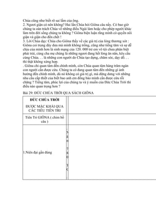 Chúa cũng như biết rõ sai lầm của ông.
2. Ngươi giận có nên không? Hai lần Chúa hỏi Giôna câu nầy. Có bao giờ
chúng ta oán trách Chúa về những điều Ngài làm hoặc cho phép người khác
làm trên đời sống chúng ta không ? Giôna biện luận rằng mình có quyền nổi
giận và giận cho đến chết !
3. Lời Chúa dạy: Chúa cho Giôna thấy về các giá trị của lòng thương xót :
Giôna coi trọng dây dưa mà mình không trồng, cũng như tiếng tăm và sự dễ
chịu của mình hơn là sinh mạng của 120. 000 trẻ em vô tội chưa phân biệt
phải trái, cùng cha mẹ chúng là những ngươi đang hết lòng ăn năn, kêu cầu
cùng Chúa. . . là những con người do Chúa tạo dựng, chăm sóc, dạy dỗ. . .
thì thật không xứng hợp.
. Giôna chỉ quan tâm đến chính mình, còn Chúa quan tâm hàng trăm ngàn
con người cần được cứu. Chúng ta có đang quan tâm đến những gì ảnh
hưởng đến chính mình, dù nó không có giá trị gì, mà dững dưng với những
nhu cầu cấp thiết của biết bao anh em đồng bào mình cần được cứu rỗi
chăng ? Tiếng tăm, phúc lợi của chúng ta và ý muốn của Đức Chúa Trời thì
điều nào quan trọng hơn ?
Bài 29: ĐỨC CHÚA TRỜI QUA SÁCH GIÔNA
ĐỨC CHÚA TRỜI
ĐƯỢC MẶC KHẢI QUA
CÁC TIỂU TIÊN TRI
Tiên Tri GIÔNA ( chim bồ
câu )
1.Niên đại gần đúng
.
N
ă
m
7
8
0
T
C
:
 