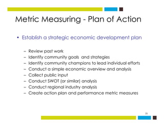 Metric Measuring - Plan of Actiong
• Establish a strategic economic development plang p p
– Review past work
if i i– Ident...