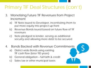 Primary TIF Deal Structures (con’t)
3. Monetizing Future TIF Revenues from Project
Increment
a) TIF Note issued to Develop...