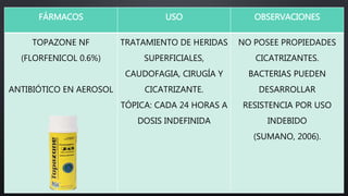 FÁRMACOS USO OBSERVACIONES
TOPAZONE NF
(FLORFENICOL 0.6%)
ANTIBIÓTICO EN AEROSOL
TRATAMIENTO DE HERIDAS
SUPERFICIALES,
CAUDOFAGIA, CIRUGÍA Y
CICATRIZANTE.
TÓPICA: CADA 24 HORAS A
DOSIS INDEFINIDA
NO POSEE PROPIEDADES
CICATRIZANTES.
BACTERIAS PUEDEN
DESARROLLAR
RESISTENCIA POR USO
INDEBIDO
(SUMANO, 2006).
 
