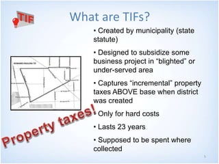 5
What are TIFs?
• Created by municipality (state
statute)
• Designed to subsidize some
business project in “blighted” or
under-served area
• Captures “incremental” property
taxes ABOVE base when district
was created
• Only for hard costs
• Lasts 23 years
• Supposed to be spent where
collected
 