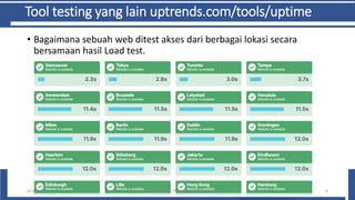 Tool testing yang lain uptrends.com/tools/uptime
• Bagaimana sebuah web ditest akses dari berbagai lokasi secara
bersamaan hasil Load test.
6/10/2021 Imam Suharjo - https://fti.mercubuana-yogya.ac.id 9
 