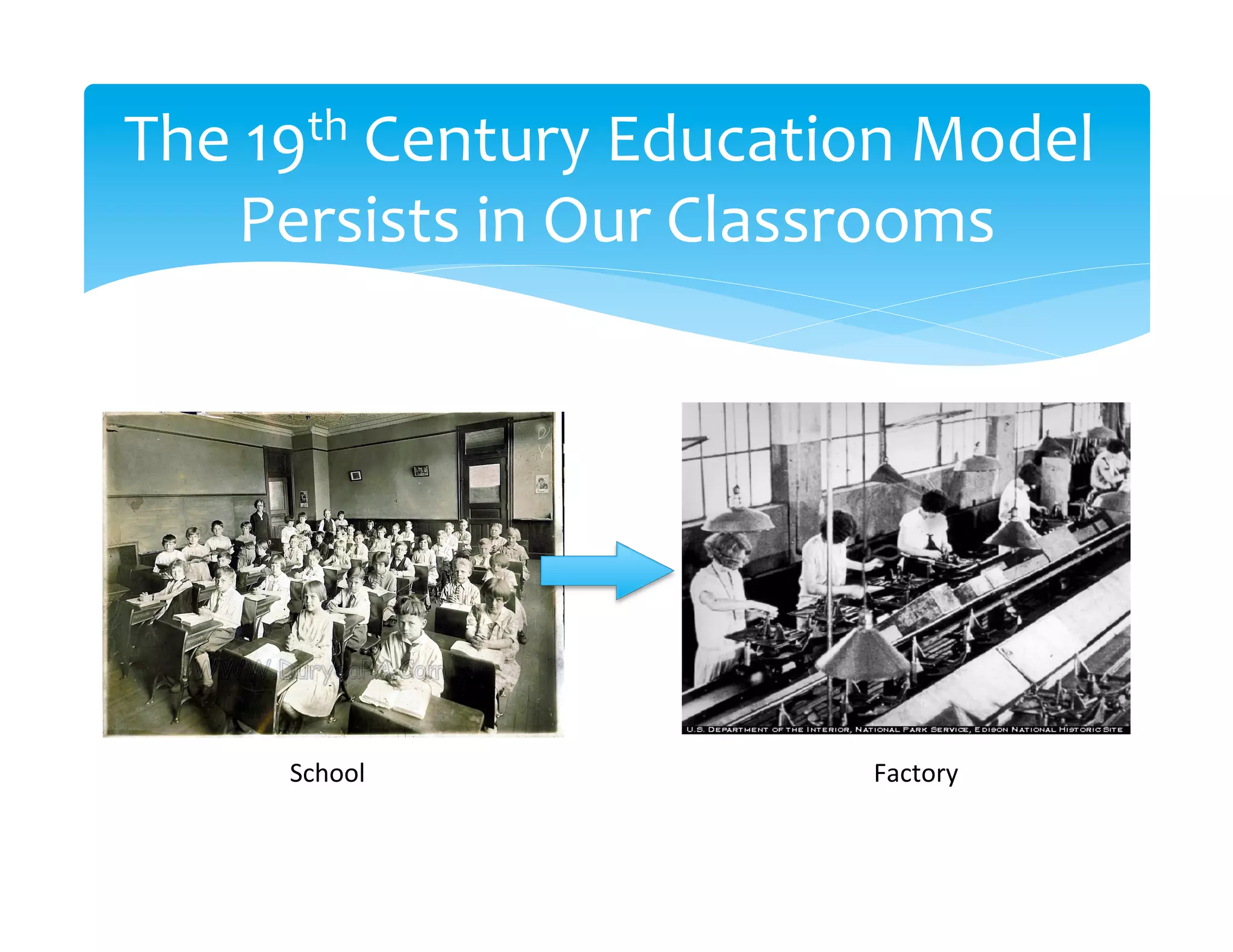 The	
  19th	
  Century	
  Education	
  Model	
  
     Persists	
  in	
  Our	
  Classrooms	
  




        School	
                    Factory	
  
 