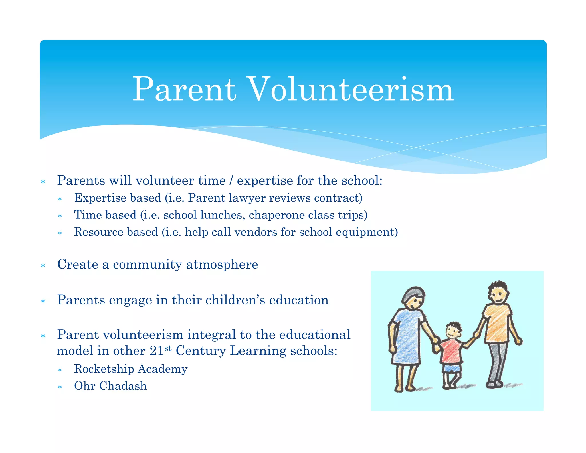 Parent Volunteerism

*    Parents will volunteer time / expertise for the school:
     *    Expertise based (i.e. Parent lawyer reviews contract)
     *    Time based (i.e. school lunches, chaperone class trips)
     *    Resource based (i.e. help call vendors for school equipment)

*    Create a community atmosphere

*    Parents engage in their children’s education

*    Parent volunteerism integral to the educational
     model in other 21st Century Learning schools:
     *    Rocketship Academy
     *    Ohr Chadash
                                                                         30	
  
 