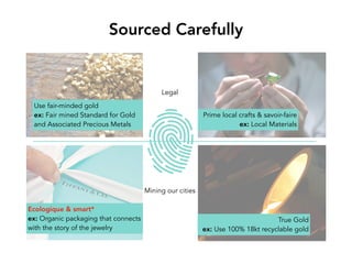 Sourced Carefully
Use fair-minded gold
ex: Fair mined Standard for Gold
and Associated Precious Metals
Mining our cities
Legal
True Gold
ex: Use 100% 18kt recyclable gold
Prime local crafts & savoir-faire
ex: Local Materials
Ecologique & smart*
ex: Organic packaging that connects
with the story of the jewelry
 
