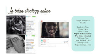 Le bilan strategy online
Google ad words /
Search :
Joaillerie : Non
Bijoux : Non
Alliance : Non
Bague de fiançailles :
Oui 6ème résultat
Will you : Non
Haute Joaillerie : Non
Mariage : Non
Bague mariage : Non
 