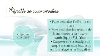 Objectifs de communication
OBJECTIF
COGNITIF
• Faire connaitre l’offre mis en
place
• Faire connaitre les produits de
la marque et la campagne
symbolique « Will You»
• Rappeler que la stratégie de
marque se concentre beaucoup
sur le mariage et les fiançailles
 