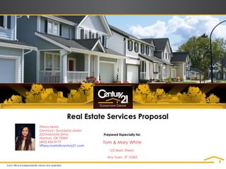 Real Estate Services Proposal
Tiffany Morris
Century21 Goodyear Green
223 Interstate Drive
Norman, OK 73069
(405) 456-9119
http://table19homes.com - Get Your Home on Video!
http://tiffanyshome.com - A place for everything!
tiffany.morris@century21.com
 