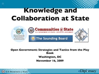 Knowledge and Collaboration at State Open Government: Strategies and Tactics from the Play Book Washington, DC November 16, 2009 
