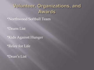 *Northwood Softball Team

*Deans List

*Kids Against Hunger

*Relay for Life

*Dean’s List
 