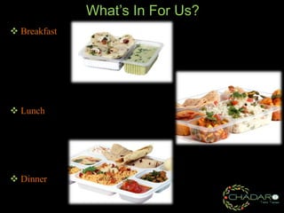 What’s In For Us?
 Breakfast

 Lunch

 Dinner

 