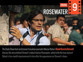 ROSEWATER DRAMA 9 
The Daily Show host and Iranian Canadian journalist Maziar Bahari (Gael García Bernal) 
discuss the story behind Stewart's debut feature Rosewater, which tells the true story of 
Bahari's five-month imprisonment in Iran after his appearance on Stewart's show. 
 