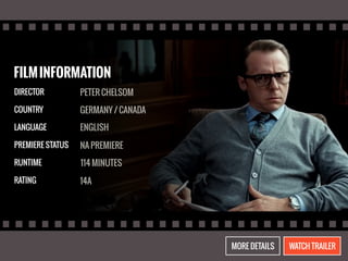 FILM INFORMATION 
DIRECTOR 
COUNTRY 
LANGUAGE 
PREMIERE STATUS 
RUNTIME 
RATING 
PETER CHELSOM 
GERMANY / CANADA 
ENGLISH 
NA PREMIERE 
114 MINUTES 
14A 
MORE DETAILS WATCH TRAILER 
 