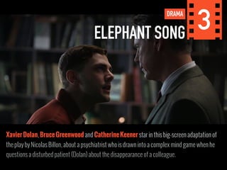 ELEPHANT SONG DRAMA 3 
Xavier Dolan, Bruce Greenwood and Catherine Keener star in this big-screen adaptation of 
the play by Nicolas Billon, about a psychiatrist who is drawn into a complex mind game when he 
questions a disturbed patient (Dolan) about the disappearance of a colleague. 
 