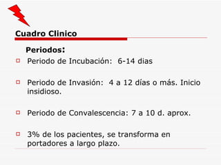 Cuadro Clinico Periodos : Periodo de Incubación:  6-14 dias Periodo de Invasión:  4 a 12 días o más. Inicio insidioso. Periodo de Convalescencia: 7 a 10 d. aprox. 3% de los pacientes, se transforma en portadores a largo plazo. 