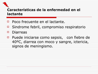 Características de la enfermedad en el lactante Poco frecuente en el lactante. Sindrome febril, compromiso respiratorio  Diarreas Puede iniciarse como sepsis,  con fiebre de 40ºC, diarrea con moco y sangre, ictericia, signos de meningismo. 