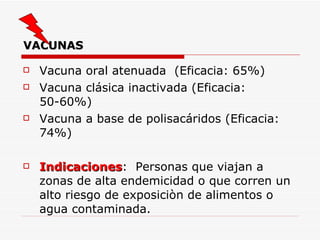 VACUNAS Vacuna oral atenuada  (Eficacia: 65%) Vacuna clásica inactivada (Eficacia:  50-60%) Vacuna a base de polisacáridos (Eficacia: 74%) Indicaciones :  Personas que viajan a zonas de alta endemicidad o que corren un alto riesgo de exposiciòn de alimentos o agua contaminada. 