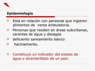 Epidemiología Está en relación con personas que ingieren alimentos de  venta ambulatoria. Personas que residen en áreas suburbanas, carentes de agua y desagüe deficiente saneamiento básico  hacinamiento. Constituye un indicador del estado de  agua y alcantarillado de un pais. 