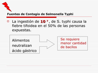 Fuentes de Contagio de Salmonella Typhi La ingestión de  10  7   , de S. typhi causa la fiebre tifoidea en el 50% de las personas expuestas. Alimentos neutralizan ácido gástrico Se requiere menor cantidad de bacilos 