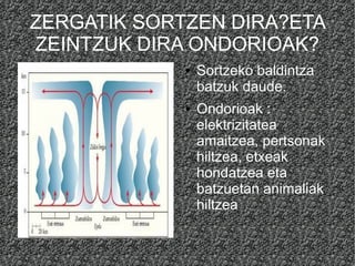 ZERGATIK SORTZEN DIRA?ETA
ZEINTZUK DIRA ONDORIOAK?
●

●

Sortzeko baldintza
batzuk daude.
Ondorioak :
elektrizitatea
amaitzea, pertsonak
hiltzea, etxeak
hondatzea eta
batzuetan animaliak
hiltzea

 