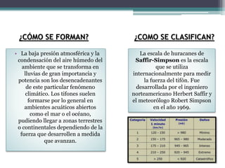 • La baja presión atmosférica y la
condensación del aire húmedo del
ambiente que se transforma en
lluvias de gran importancia y
potencia son los desencadenantes
de este particular fenómeno
climático. Los tifones suelen
formarse por lo general en
ambientes acuáticos abiertos
como el mar o el océano,
pudiendo llegar a zonas terrestres
o continentales dependiendo de la
fuerza que desarrollen a medida
que avanzan.
¿CÓMO SE FORMAN?
La escala de huracanes de
Saffir-Simpson es la escala
que se utiliza
internacionalmente para medir
la fuerza del tifón. Fue
desarrollada por el ingeniero
norteamericano Herbert Saffir y
el meteorólogo Robert Simpson
en el año 1969.
¿COMO SE CLASIFICAN?
 