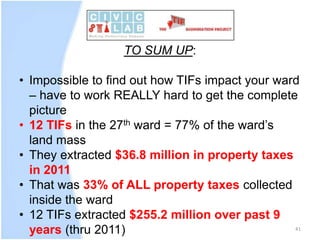 TO SUM UP:

• Impossible to find out how TIFs impact your ward
  – have to work REALLY hard to get the complete
  picture
...