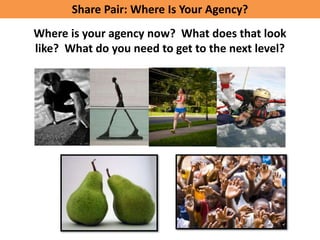 Share Pair: Where Is Your Agency?
Where is your agency now? What does that look
like? What do you need to get to the next level?
 