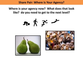 Share Pair: Where Is Your Agency?
Where is your agency now? What does that look
  like? do you need to get to the next level?
 