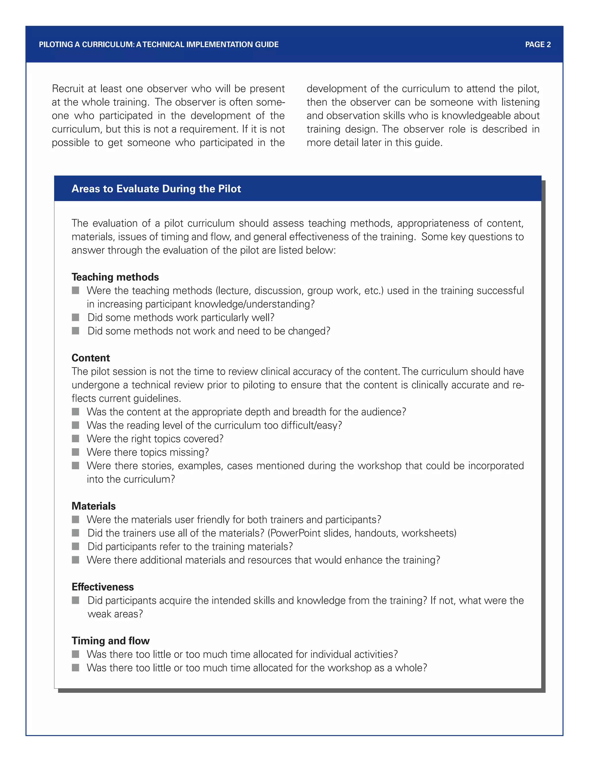 Example Pilot Course Evaluation Report Tig 3 piloting curriculum(1) | PDF