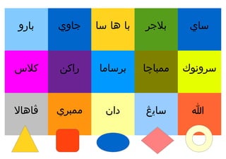 ‫بارو‬    ‫جاوي‬    ‫با ها سا‬   ‫بلجر‬      ‫ساي‬


‫كلس‬    ‫راكن‬    ‫برساما‬     ‫ممباچا‬   ‫سرونوك‬


‫ڤاهال‬   ‫ممبري‬     ‫دان‬      ‫سايڠ‬      ‫ا‬
 