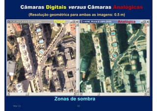 Câmaras Digitais versus Câmaras Analógicas
         (Resolução geométrica para ambas as imagens: 0.5 m)
                      Digital                           Analógica




                      Zonas de sombra
Mar-11                            33
 