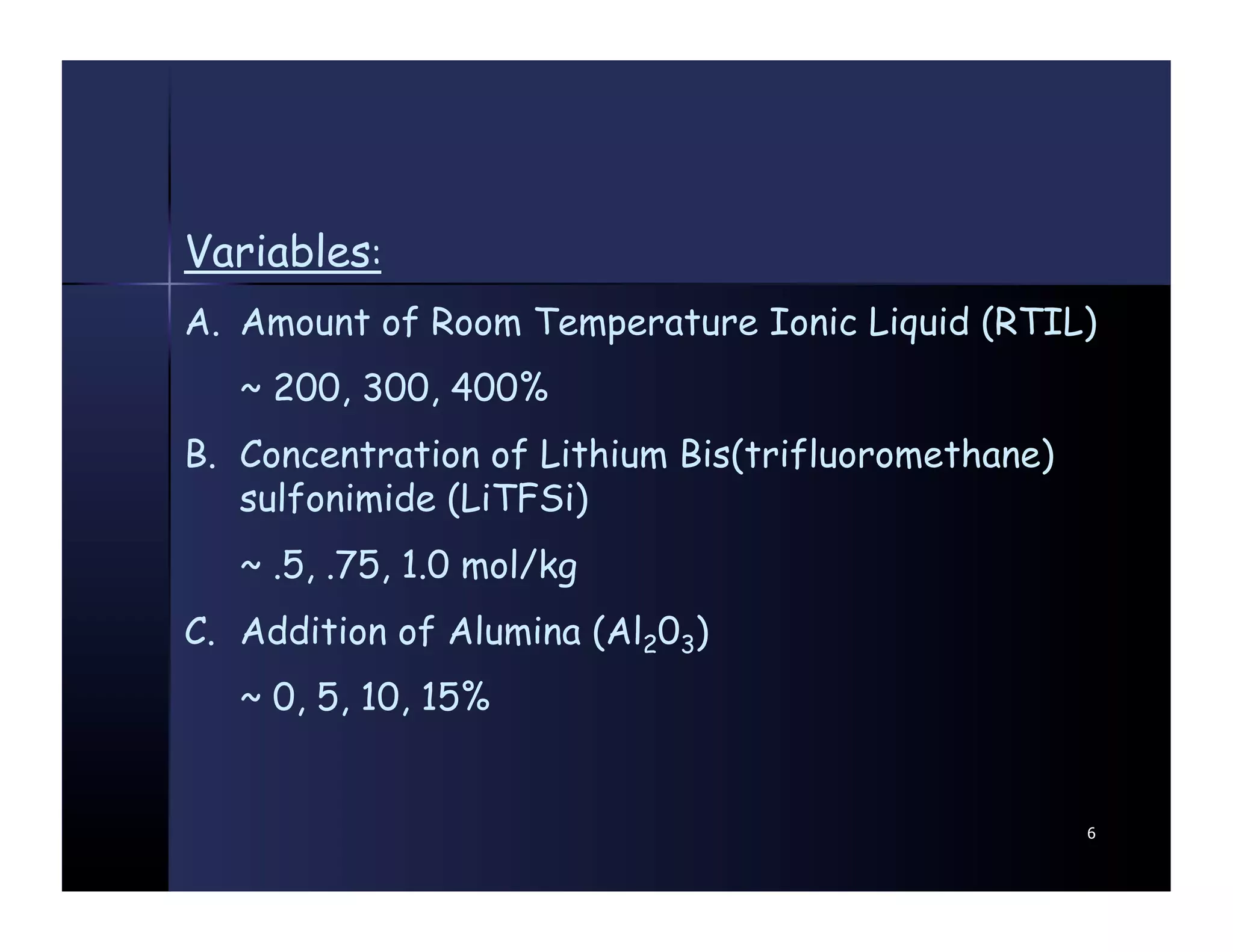 Variables:
A.  Amount of Room Temperature Ionic Liquid (RTIL)
   ~ 200, 300, 400%
B.  Concentration of Lithium Bis(trifluoromethane)
    sulfonimide (LiTFSi)
   ~ .5, .75, 1.0 mol/kg
C.  Addition of Alumina (Al203)
   ~ 0, 5, 10, 15%
 