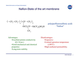 National Aeronautics and Space Administration!



                            Nafion-State of the art membrane




                                                         poly(perfluorosulfonic acid)
                                                                  “Nafion”




    Advantages:                                  Disadvantages:
       • Excellent proton conductivity               • Expensive
            (0.1 S/cm )                              • Limited operation temperature
       • Good mechanical and chemical                     (≤80°C)
       properties                                    •High methanol permeability.
       • Long-term stability

                                                                              www.nasa.gov   19
 