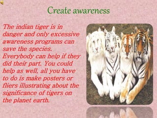 Create awareness
The indian tiger is in
danger and only excessive
awareness programs can
save the species.
Everybody can help if they
did their part. You could
help as well, all you have
to do is make posters or
fliers illustrating about the
significance of tigers on
the planet earth.
 