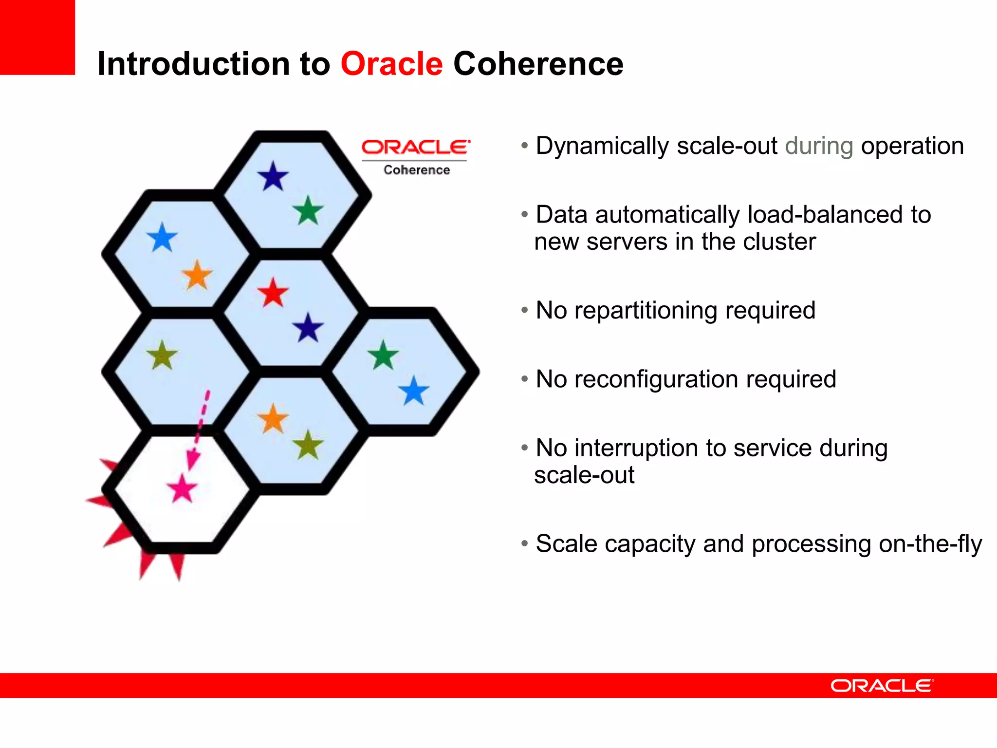 Introduction to Oracle Coherence

                         • Dynamically scale-out during operation

                         • Data automatically load-balanced to
                           new servers in the cluster

                         • No repartitioning required

                         • No reconfiguration required

                         • No interruption to service during
                           scale-out

                         • Scale capacity and processing on-the-fly
 