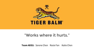 “Works where it hurts.”
Team AEO2: Serene Chen Rosie Fan Katie Chen
 