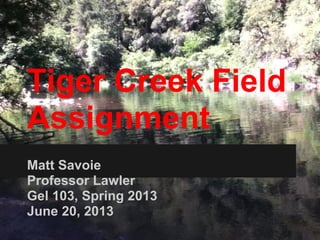 Tiger Creek Field
Assignment
Matt Savoie
Professor Lawler
Gel 103, Spring 2013
June 20, 2013
 