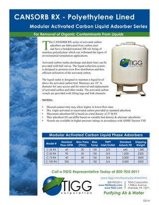Modular Activated Carbon Liquid Adsorber Series
For Removal of Organic Contaminants From Liquids
CANSORB RX - Polyethylene Lined
T
he CANSORB RX series of activated carbon
adsorbers are fabricated from carbon steel
and have a bonded nominal 200 mil lining of
seamless polyethylene which can withstand the rigors of
environmental remediation applications.
Activated carbon media discharge and drain lines can be
provided with ball valves. The liquid collection system
is designed to promote even flow distribution and thus
efficient utilization of the activated carbon.
The liquid outlet is designed to maintain a liquid level
above the activated carbon bed. Manways are 18” in
diameter for easy access and for removal and replacement
of activated carbon and other media. The activated carbon
vessels are provided with lifting lugs and fork channels.
NOTES:
•	 Desired contact time may allow higher or lower flow rates
•	 Dry virgin activated or reactivated carbon provided as standard adsorbent
•	 Maximum adsorbent fill is based on a bed density of 27 lb/ft3
•	 Max adsorbent fill can differ based on variable bed density & alternate adsorbents
•	 Vessels are available in higher pressure ratings in accordance with ASME Section VIII
Model #
Nominal
Flow-GPM
Max Press
(PSIG)
Max
Temp
FNPT
Inlet/Outlet
Standard
Adsorb Fill
Shipping
Weight
C-35 RX 60 30 130 2/2 660 1,380
C-50 RX 90 30 130 3/3 1,000 2200
C-75 RX 40 30 130 3/4 2,000 3600
C-100 RX 200 30 130 3/4 3,000 5000
Call a TIGG Representative Today at 800-925-0011
03/14
IGGT
800-925-0011
www.TIGGtanks.com
www.TIGG.com
TIGG Corporation
1 Willow Avenue
Oakdale, PA 15071
Purifying Air & Water
www.tigg.com/liquid-poly-lined.html
Modular Activated Carbon Liquid Phase Adsorbers
 